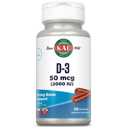 [BRSWIYQGCECQEG34] KAL Vitamin D3 Chewables 50 mcg, Vitamin D 2000 IU as Cholecalciferol, Sugar Free, Natural Cinnamon Flavor D3 Vitamin, Immune Support & Bone Health, 200 Servings, 200 Chewables