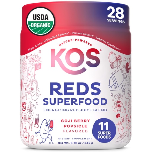 [BRSWGAT7A4MRYDYV] KOS Reds Superfood Powder for Antioxidants - USDA Certified Organic Beet Root, Goji Berries, Acai, Pomegranate, Coconut Water & Digestion Enzymes- Goji Berry Popsicle Flavor Juice Mix - 28 Servings
