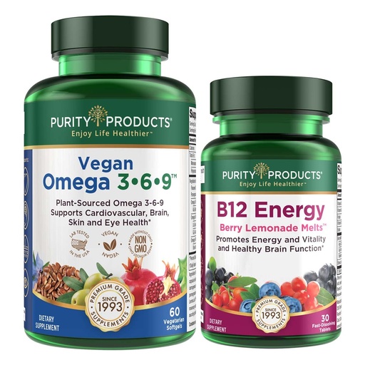 [BRSRAYY7DMAREYI4] Purity Products Bundle - Vegan Omega 3-6-9 + B-12 Energy Melt Omega 3-6-9 (“5 in 1” Plant-Based Omega 3 6 9 Essential Fatty Acid Complex) - B12 Berry Melt (Methylcobalamin B12 + B6 + D3 + More)