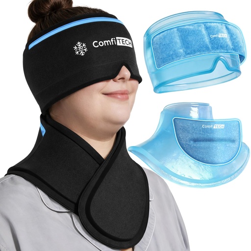 [BRSRGFANA4NAKDL5] ComfiTECH 30-Min Cooling Dual-Gel Migraine Relief Cap & Extra Long Neck Ice Pack Wrap Set, Hands-Free Cold Therapy Wearable Detachable Packs for Tension, Sinus, Chemo Scalp Soothing, Stiff Neck, L