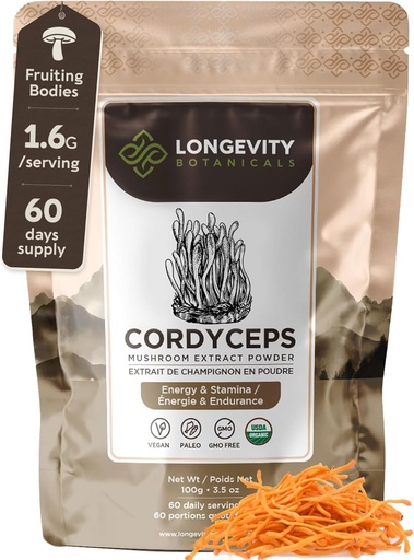 [BRSWKE37OR6AKFD6] Langlebigkeit Botanicals Organische Cordyceps Pilzextrakt Pulver 100g | Konzentriert 10:1 Ratio | 100% Fruchtkörper | Cordyceps Militaris Natürliche Ergänzung für Energie, Stamina & Atmungshilfe