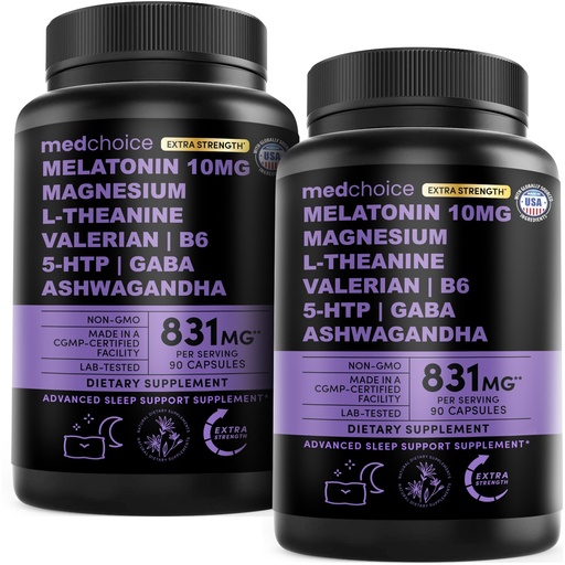 [BRSRABL5OQBGO3TA] 12-in-1 Melatonin Sleep Capsules - 10mg Melatonin Extra Strength with Magnesium and Balanced Blend of Ashwagandha, GABA, Chamomile Extract, L-Theanine & Valerian Root 10:1 Extract (90ct, Pack of 2)
