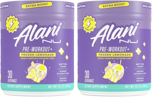 [BRSRGGQNOANBY3I4] Alani Nu Pre Workout+ Powder Frozen Lemonade, Extra Boost, Sugar Free, 300mg Caffeine, L-Theanine, Beta-Alanine, Citrulline, 30 Servings, (Pack of 2)