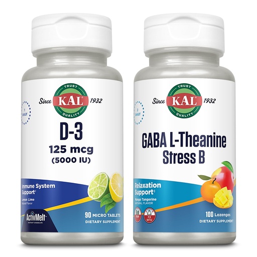 [BRSREZALAUDQ4CA3] KAL Vitamin D-3 5000 IU ActivMelt and GABA L-Theanine Stress B Lozenge Bundle - 90 Instant Dissolve, Natural Lemon Lime Flavor Micro Tablets and 100 Natural Mango Tangerine Flavor Lozenges