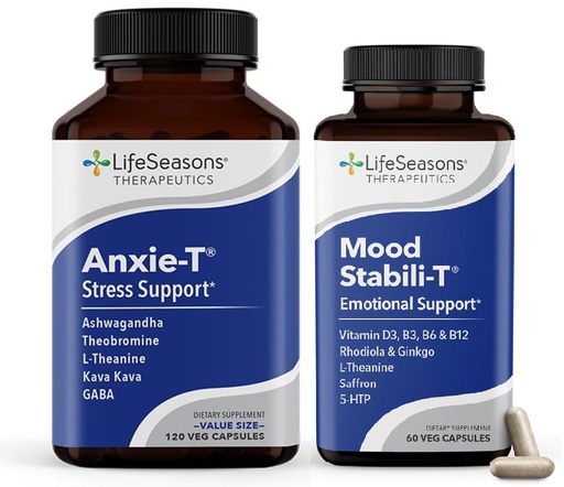 [BRSRAYIPBUPRUALA] LifeSeasons Anxie-T with Mood Stabili-T - Supports Mood & Mental Focus - Feel Calm and Relaxed - Eases Tension & Nervousness - Ashwagandha, Kava Kava, GABA & L-Theanine - 180 Capsules