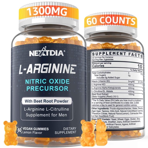 [BRSRAZQFB4NBOETD] Nextdia Sugar Free L Arginine Nitric Oxide Gummies 1300mg for Men & Women with L Citrulline, Beet Root, B3 | L Arginine L Citrulline Supplements | Vegan, 60 Counts