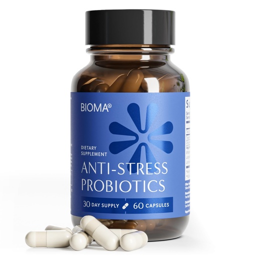 [BRSREBARBUBQOFI6] BIOMA Anti-Stress Probiotics – 3-in-1 Gut-Brain Axis Support for Stress Relief & Mood – Prebiotics, Postbiotics & Clinically Studied Strains – Vagus Nerve, Serotonin & Digestive Support – 60 Capsules