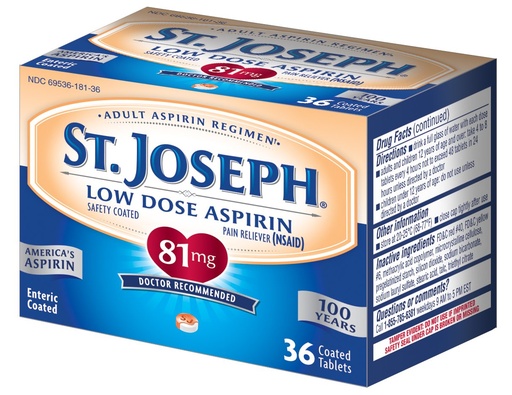 [BRSWIZ32CMEBC33O] St. Joseph Aspirin Pain Reliever (NSAID) 81mg, Enteric Safety Coated, Adult Low Dose Regimen, 36 ct