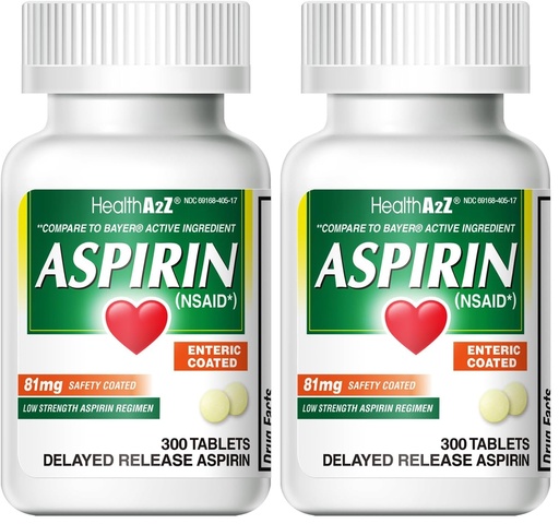 [BRSREAAFOYNAYCLX] HealthA2Z® Aspirin 81 mg | Low Strength | Enteric Coated | Pain Relief | Reduces Minor Aches Muscle Pain & Cramps | Fever Reducer | Reduces Headache (300 Counts) (Pack of 2)
