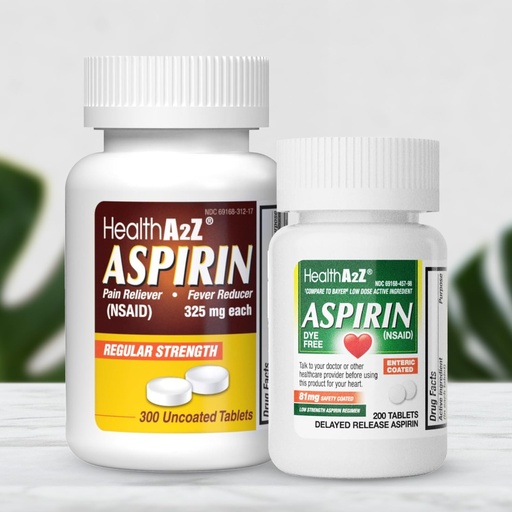 [BRSREZANAAGRY23X] HealthA2Z® Aspirin Bundle – 325mg Regular Strength (300 Tablets) Uncoated + 81mg Low Dose (200 Tablets, Dye-Free, Enteric Coated) | Total 500 Tablets | Pain Reliever & Fever Reducer