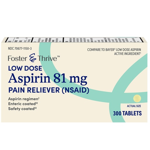 [BRSROATQC5YW22TJ] Foster & Thrive Aspirin Low Dose 81 mg, Enteric Coated Tablets, Doctor Recommended, Secondary Prevention of Cardiovascular Disease, 300 Coated Tablets