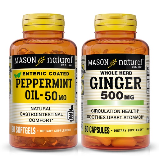 [BRSREZYNCAFGM3LX] MASON NATURAL Peppermint Oil 50 mg Enteric Coated Softgels & Whole Herb Ginger 500 mg Bundle for Daily Digestive Support & Overall Wellness