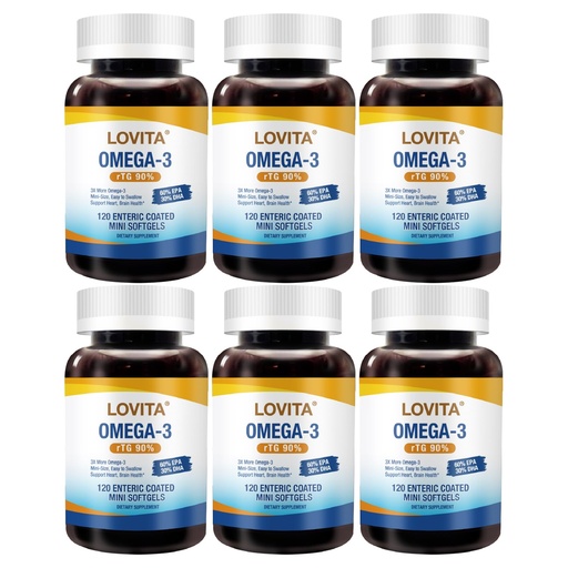 [BRSRGHYOCABGO3TU] LOVITA 6-Pack Omega-3 Fish Oil Bundle - 720 Mini Softgels, 2000mg rTG High Absorption, Burpless Enteric-Coated (6 Month Supply)