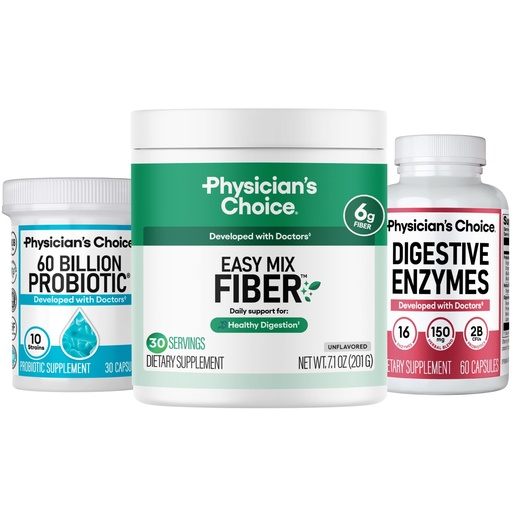 [BRSRECY3CIAQGE3X] Physician's CHOICE Daily Gut Essentials Bundle: Easy Mix Fiber, Digestive Enzymes & 60 Billion Probiotic
