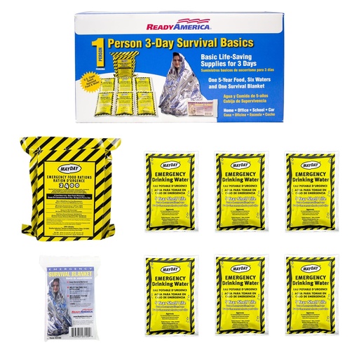 [BRSWIYQPBEMAKEDK] Ready America The Survival Box, 1-Person, 3-Day Emergency Kit Includes 5 Year Emergency Food, Water, Emergency Blanket Portable Disaster Preparedness Go-Bag for Earthquake, Fire, Flood, Hurricane