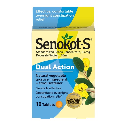 [BRSWIYL4AICGEH3I] Senokot-S Dual Action Natural Vegetable Laxative Ingredient Plus Stool Softener Tablets, Docusate Sodium, Senna Concentrate, Gentle, Overnight Relief From Occasional Constipation, 10 ct
