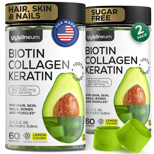 [BRSRAY34OINBMYDJ] Biotin for Hair Growth Women/Men 12000mcg, Skin & Nails Support Gummies + 70000mcg Collagen Peptides (Collagen Powder in Gummy Form) + 20000mcg Keratin + Retinol, Sugar Free, 120 Gummies (2 Pack)