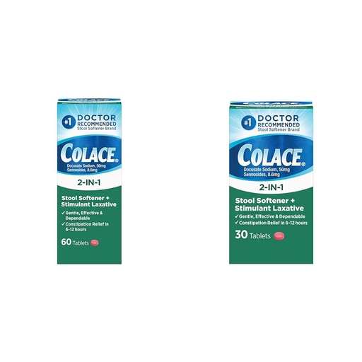 [BRSRAY33OYHRMG3J] Colace 2-in-1 Stool Softener Plus Stimulant Laxative for Gentle Effective Constipation Relief, Docusate Sodium Plus Sennosides, 60 Count and 30 Count