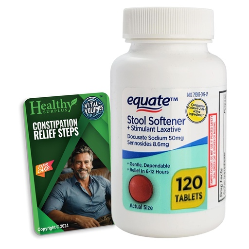 [BRSREBQYOQIBUF3A] Healthy Surplus Equate Stool Softener Docusate Sodium 50mg Sennosides 8.6mg Laxative - 120 Tablets and Vital Volumes Constipation Stips Guide Bundle