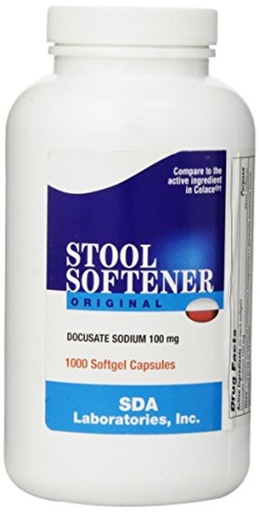 [BRSWKHYICYGQKD36] SDA Laboratories Docusate Sodium 100 mg Stool Softener, Fast-Acting Relief from Occasional Constipation for Easier Bowel Movements, 1000 Softgels (1 Pack)