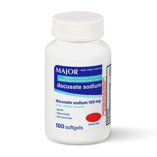 [BRSWKYICCUJRUDDA] MAJOR Docusate Sodium 100mg Softgels, Stool Softener Laxative for Occasional Constipation Relief - Gentle, Dependable, Stimulant-Free, 100 Count (1-Pack)