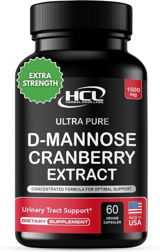 [BRSWYZQECMFGODTO] HCL HERBAL CODE LABS D-Mannose with Cranberry Extract Capsules 1500mg – High Potency USP Grade D-Mannose Supplement with Whole Fruit Cranberry Powder – Urinary Tract Support – Non-GMO 60 Capsules