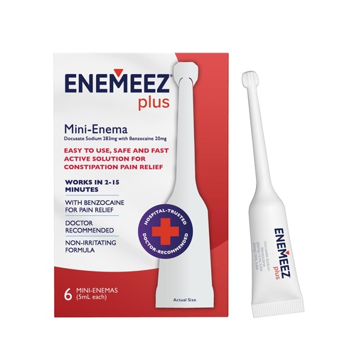 [BRSRAHQQOZ6RGH3V] Enemeez Plus Mini-Enemas, docusate Sodium with benzocaine Stool Softener, Fast-Acting Constipation Relief, Promotes Bowel Movement in 2-15 Minutes, 1 Box with 6 Total Single-Use 5ml Tubes