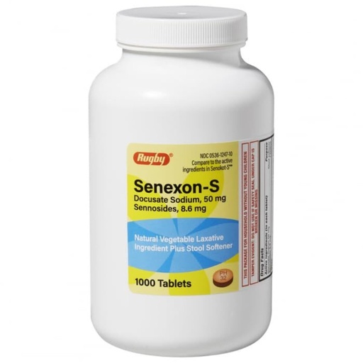 [BRSWYYY7CUARA33A] Rugby Senexon-S Natural Vegetable Laxative Plus Stool Softener - Docusate Sodium, 50 mg - Sennosides, 8.6 mg - 1000 Tablets