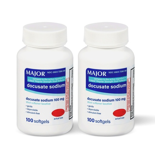 [BRSWY234B57AMHI2] MAJOR Docusate Sodium 100mg Softgels, Stool Softener Laxative for Occasional Constipation Relief - Gentle, Dependable, Stimulant-Free, 100 Count (2-Pack)
