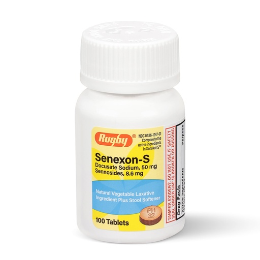 [BRSWKH37AAGWO3Q6] Rugby Senexon-S - Natural Vegetable Laxative Ingredient Plus Stool Softener, Constipation Relief - Docusate Sodium 50mg, Sennosides 8.6mg - 100 Tablets (1-Pack)