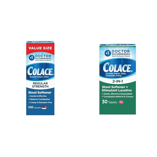[BRSROAIKC54A4ALJ] Colace Regular Strength Stool Softener 100 mg Capsules 100 Count Docusate Sodium Stimulant-Free for Gentle & 2-in-1 Stool Softener & Stimulant Laxative Tablets