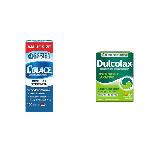 [BRSRAYYYCIAQ2EQV] Colace Stool Softener Capsules and Dulcolax Overnight Relief Tablets Bundle for Gentle Constipation Relief