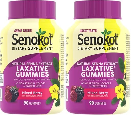 [BRSRGGQKCEFBYFLF] Senokot Dietary Supplement Laxative Gummies,Natural Senna Extract,Gentle,Overnight Relief from Occasional Constipation,Mixed Berry Flavor,90 Count (Pack of 2)