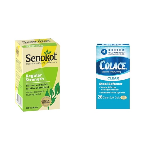 [BRSROAIQCICAEF3H] Senokot Regular Strength Natural Vegetable Laxative Ingredient,100 Count & Colace Clear Stool Softener Soft Gel Capsules Constipation Relief 50mg Docusate Sodium Doctor Recommended 28ct