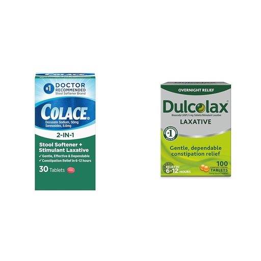 [BRSROBQEA4PGMDQY] Colace 2-in-1 Stool Softener & Stimulant Laxative Tablets, Gentle Constipation Relief in 6-12 Hours & Dulcolax Stimulant Laxative Tablets (100 Count) Gentle Overnight Constipation Relief
