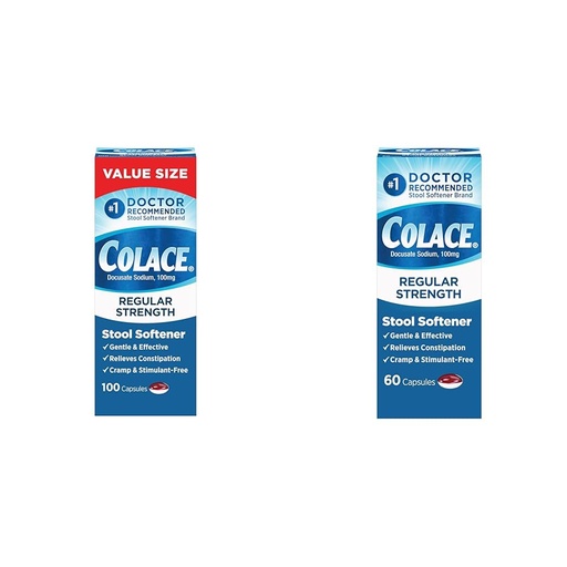 [BRSRAYYYCIBBUA3U] Colace Regular Strength 100mg Capsules Stool Softener 60 & 100 Count Bundles for Gentle Constipation Relief