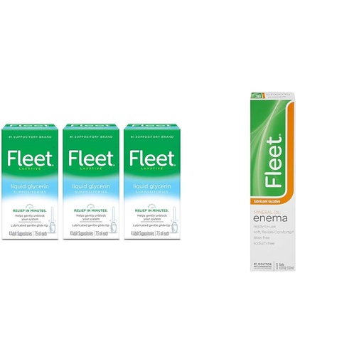 [BRSROCQPPMMQIFD6] Fleet Liquid Glycerin Suppositories for Adult Constipation, 4 Suppositories, 7.5 ml (Pack of 3) & Mineral Oil Enema, Latex Free - 4.5 fl oz (Packaging May Vary)