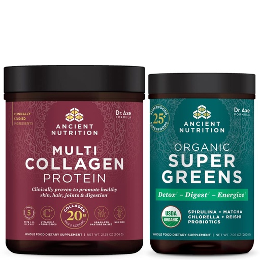 [BRSRMEA2CJ7GMETO] Ancient Nutrition Multi Collagen Protein Powder, Unflavored, 60 Servings + Supergreens Powder, Greens Flavor, 25 Servings
