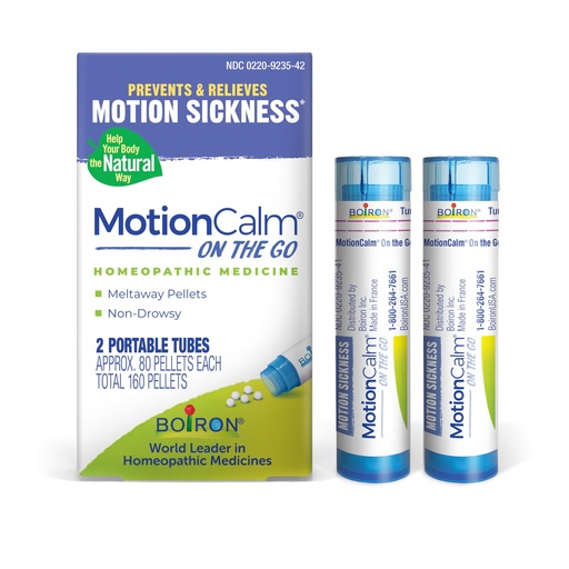 [BRSREZD2C4GQAH3X] Boiron MotionCalm On The Go Relief for Nausea, Vomiting, or Dizziness associated with Motion Sickness Due to Travel, Amusement Rides, and Video Games or VR - Non-Drowsy - 2 Count (160 Pellets)