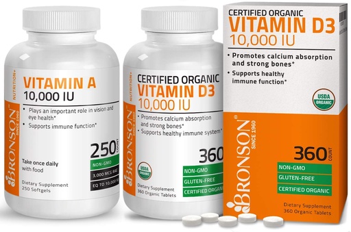 [BRSWYZQBB56AAC32] Bronson High Potency Vitamin D3 10,000 IU Certified Organic Vitamin D Supplement + Vitamin A 10,000 IU Premium Non-GMO Formula