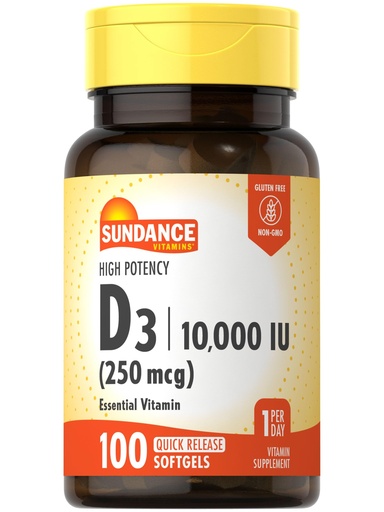 [BRSROCAEAQAR62YV] Sundance Vitamin D3 10,000 IU (250 mcg) | 100 Softgels | High Potency Formula | Non-GMO and Gluten Free Supplement
