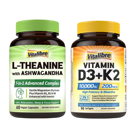 [BRSREGQBC55GMA3H] Vitalibre Vitamin D3 K2 10000 IU 90 Caps and L-Theanine 200mg Supplement 60 Caps