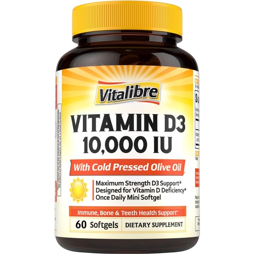 [BRSREGT5BUFAIGQ4] Vitalibre Maximum Strength Vitamin D3 10,000 IU (250mcg), Highly Bioavailable, with Cold Pressed Olive Oil, Immune, Bone & Teeth Health Support, No Soy, Sunshine Vitamin, 60 Mini Softgels