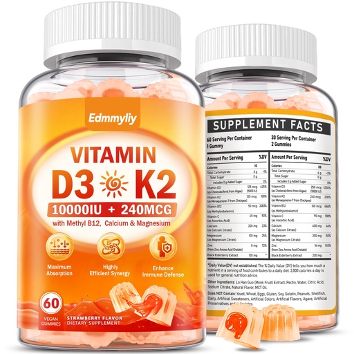 [BRSRACYBOR7QEYLZ] Vitamin D3 Supplement 10000IU for Adult - Vitamin D3 5000IU / 10000IU Gummies with K2, Methyl B12, Calcium, Magnesium, Zinc and Elderberry for Women & Men - Sugar-Free, Vegan Vitamin D Gummies