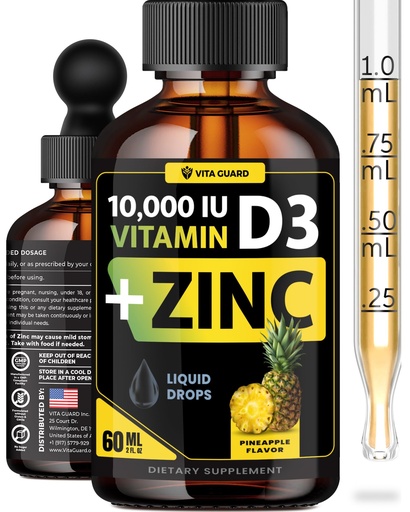 [BRSREYAPOYBBG33D] Vita Guard Vitamin D3 Drops with Zinc – 10,000 IU D3 & 15 mg Zinc Liquid Supplement – Immune Support for Men & Women – Sugar-Free Pineapple Flavor – 30-Day Supply