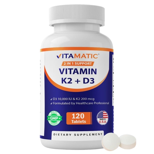 [BRSRACYNOIBW2GTZ] Vitamatic Vitamin D3 K2 Supplements with 10,000 IU Vitamin D + 200mcg Vitamin K MK-7, 120 Tablets Bone, Heart, Immune, & Calcium Support