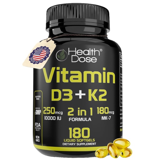 [BRSROFQYBNYQA33K] Health Dose Vitamin D3 10,000 IU + K2 (MK7) Supplement, 2-in-1 Formula, Immune Support, a Healthy Mood, Heart, Joint, Teeth, Bone Health, Calcium Absorption, 180 softgels. (1)