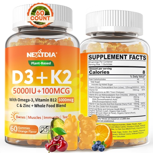 [BRSRA2QPPJ5RQ33K] Vitamin D3 K2 Gummies 5000IU / 10,000 IU with Omega-3 250mg+K2(MK-7) 100mcg -5X Absorption Than Standard D3K2,with Vitamin C,Zinc,and 5 Organic Vegetables,Supports Bone & Teeth Strength, Immune,1 Pack