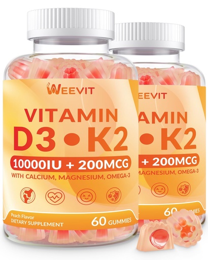 [BRSREGT5PIPBEG3H] WEEVIT Vitamin D3 10000iu & K2 (as MK7) 200mcg Gummies w/Calcium, Magnesium, Omega-3, Vitamin C, B12, K2 D3 Supplement for Women & Men - Vegan, Sugar Free