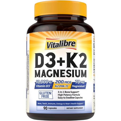 [BRSREADQPJ6GOYLO] Vitalibre D3 K2 + Magnesium Supplement, 10000 IU Vitamin D3 & 200 mcg K2, with Magnesium Glycinate, Bone, Teeth, Immune & Energy Support, High Absorption, Non-GMO, Easy to Swallow, 90 Capsules